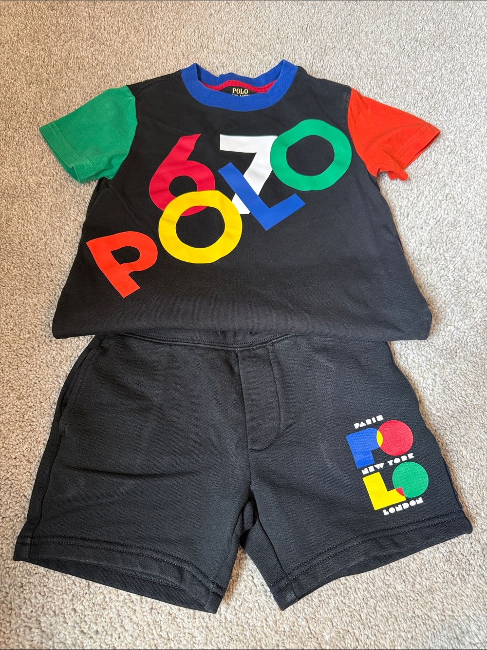 Polo by Ralph Lauren Black Short Sleeve Tee & Shorts Set with Multicolor Logo